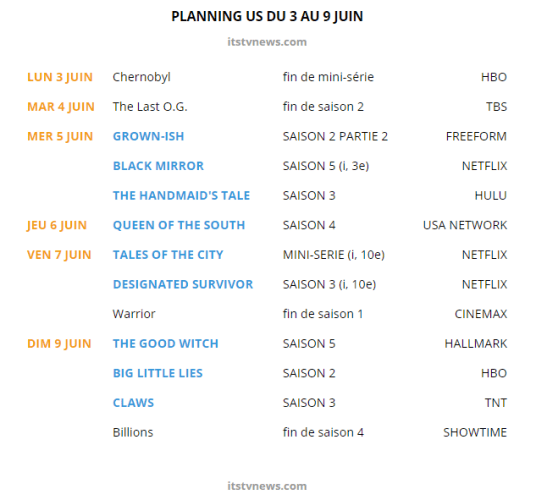 planning séries us 3 au 9 juin 2019