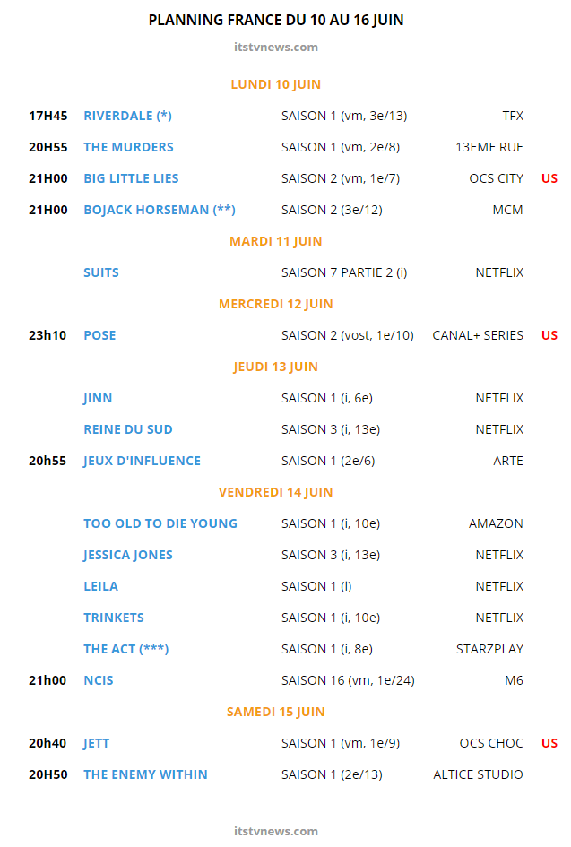 agenda series 10 au 16 juin